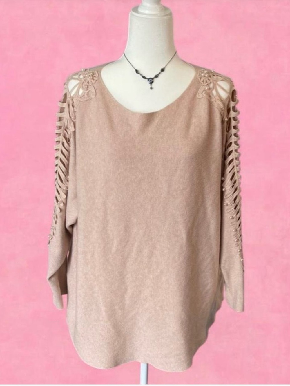 Siren Lily Open-Shoulder long sleeve with lace and pearl detail in Blush Pink